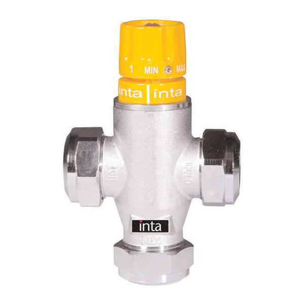 Intatec solarmix thermostatic mixing Valve with yellow top and silver body on a white background